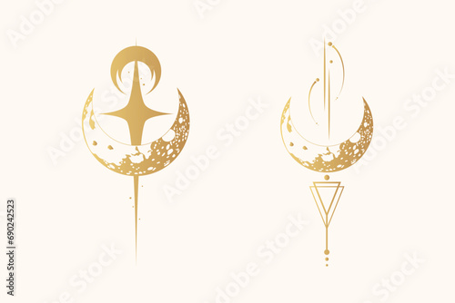 Two golden celestial moon illustrations isolated on white background. Vector bohemian print in boho style for card, t-shirt and label