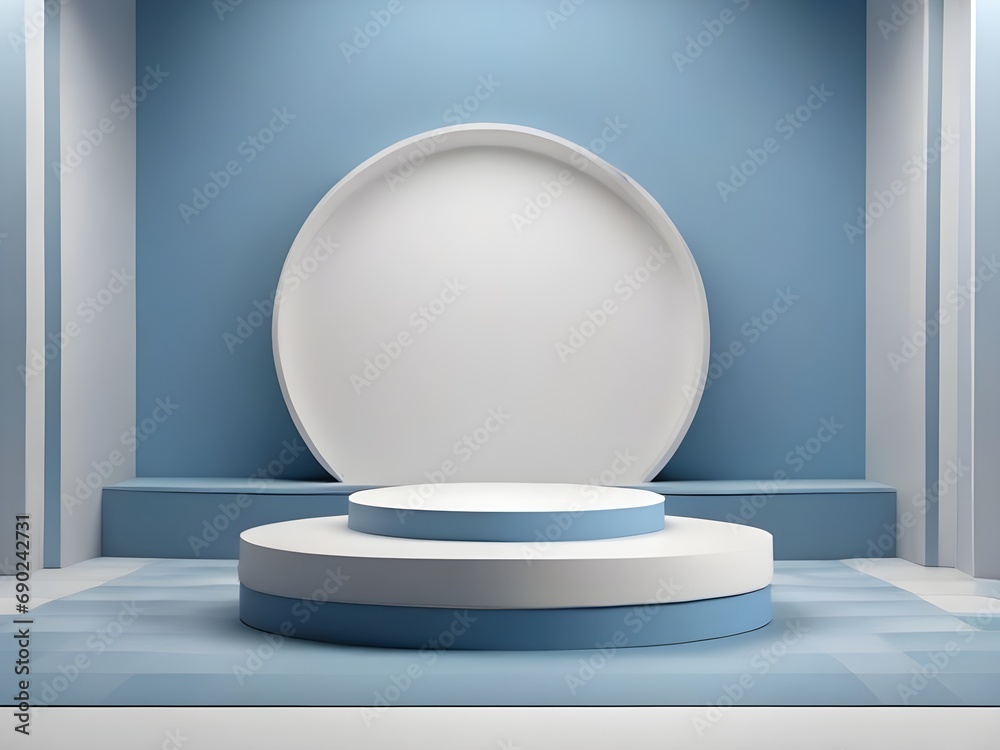 Empty podium or pedestal display on blue and white back ground with cylinder stand concept. Blank product shelf standing backdrop. Generative AI illustration, winter event Empty podium or pedestal display on blue and white back ground with cylinder stand concept. Blank product shelf standing backdrop. Generative AI illustration, winter event
