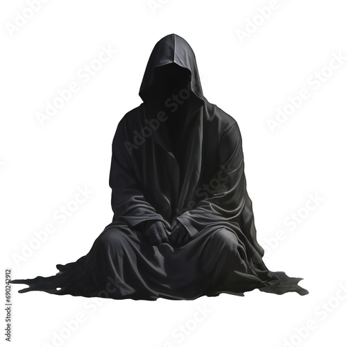 Scary figure in hooded cloak. A dark and sinister figure in a hood isolated on transparent photo