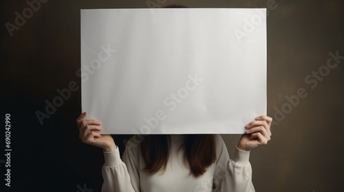 woman hidden behind a big poster hold it, blank background, copy space, 16:9