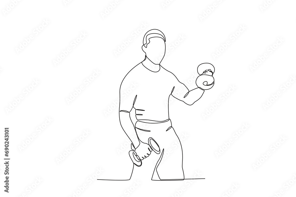Single continuous line drawing of A man doing fitness using dumbbells. Fitness stretching concept. Trendy one line draw design vector illustration
Single continuous line drawing of A man doing fitness using dumbbells. Fitness stretching concept. Trendy one line draw design vector illustration