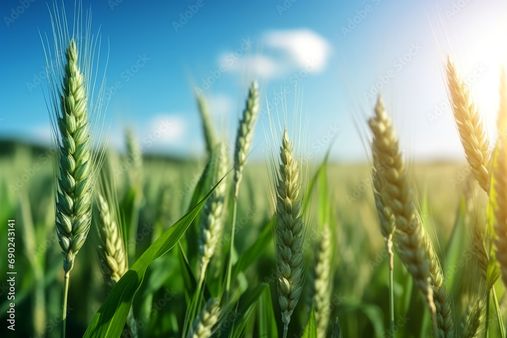 Green wheat field under blue sky with clouds. Beautiful nature scene. Green wheat field under blue sky with clouds. Beautiful nature scene.