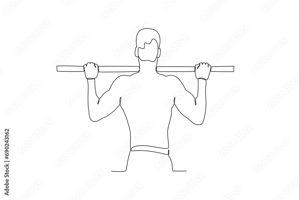 Single continuous line drawing of A man doing fitness doing pull ups. Fitness stretching concept. Trendy one line draw design vector illustration