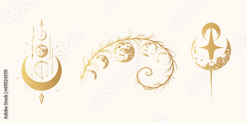 Golden mystical moon collection.  Three bohemian design elements  for  t-shirt and label. Vector illustration in boho style