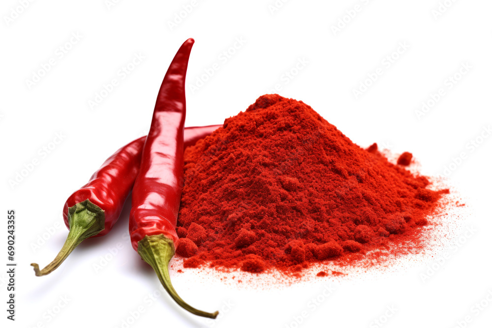 Red hot chili peppers and powder isolated on white background with clipping path - obrazy, fototapety, plakaty 