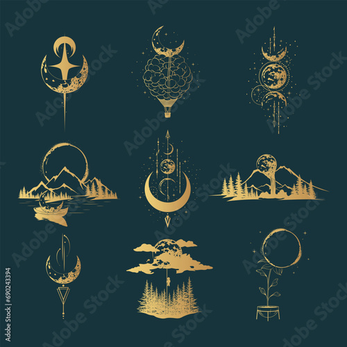 Golden mystical moon collection. Nine hand drawn vector illustrations for t-shirt and label