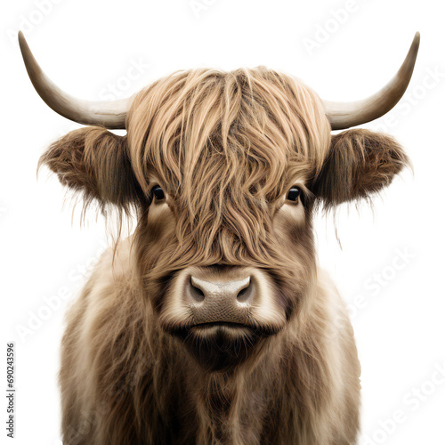 Scottish highland cattle. Scottish breed of rustic beef cattle. hairy cow isolated on transparent