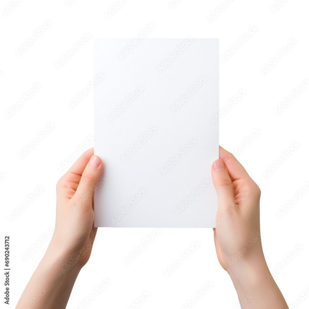 Hands holding blank paper sheet A5 size. letter paper isolated on transparent - obrazy, fototapety, plakaty 