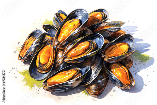 Mussels on a white background. Watercolor of mussels.