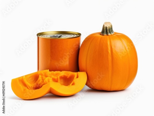 Canned pumpkin puree isolated on white background