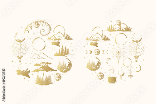 Celestial moon collection. Two mystical vector illustrations for greeting card, t-shirt and label