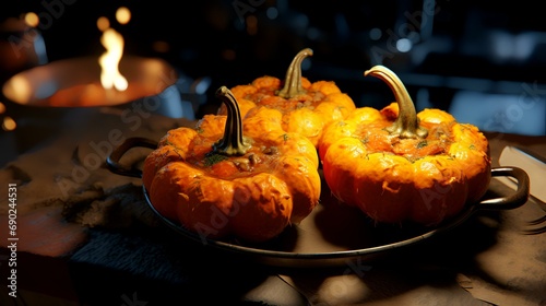 Close-up of pumpkins on the table in the kitchen at night