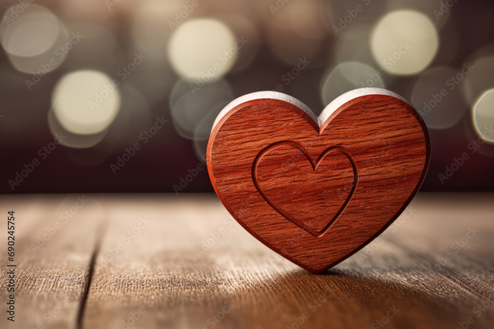 Wooden heart on a wooden table with bokeh background. Copy space