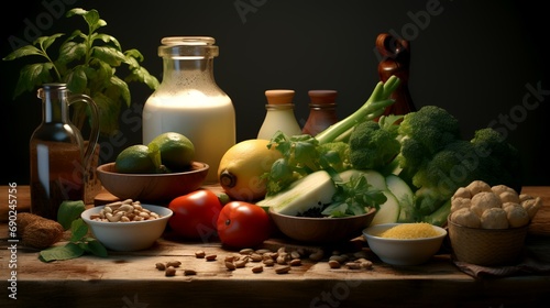 Vegetables and dairy products on a wooden table. Selective focus.