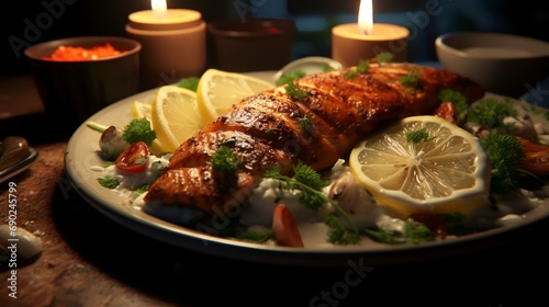 Grilled salmon with vegetables and sour cream on a black plate.