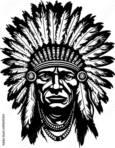 Indian Chief | Black and White Vector illustration