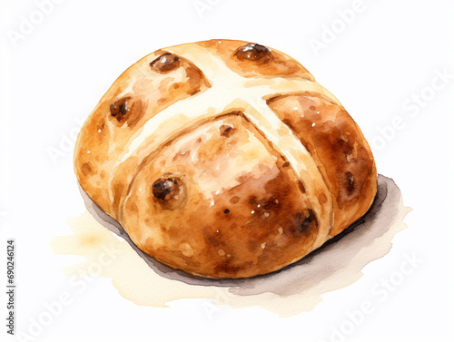 Easter Hot Bross Bun. Hand-drawn Watercolor Illustration Isolated on the White Background. Easter holiday dish. photo