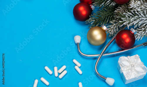 Medical Christmas and New Year Greeting Card with Space for Text on Blue Background Banner photo