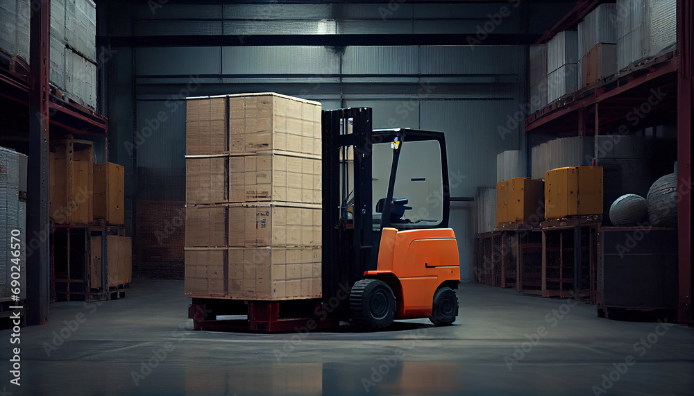 Forklift Loads Pallets and Boxes in Warehouse Oil Painting Background