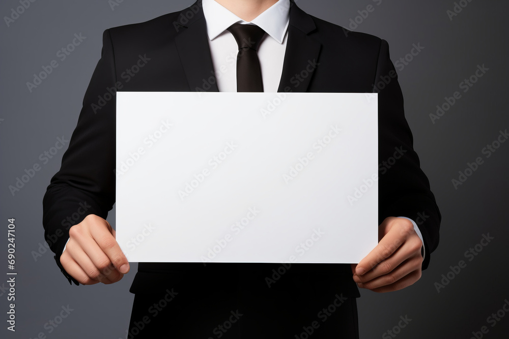 Businessman holding a blank sheet of paper on a gray background with space for text or graphics
Businessman holding a blank sheet of paper on a gray background with space for text or graphics