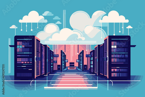 Cloud computing. A digital service or application with data transmission. Network computing technologies. Futuristic Server. Digital space. Data storage. Vector illustration