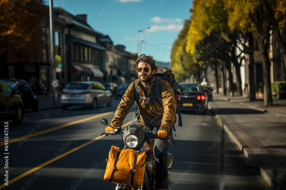 Fototapeta premium A delivery driver in the middle of traffic carrying parcels.