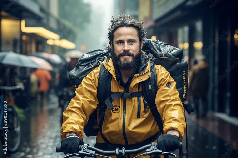 A delivery man with his bike on a rainy day