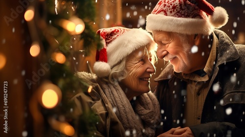 A happy elderly couple, a man and a woman in red hat, have fun at romantic Christmas dinner at home.
