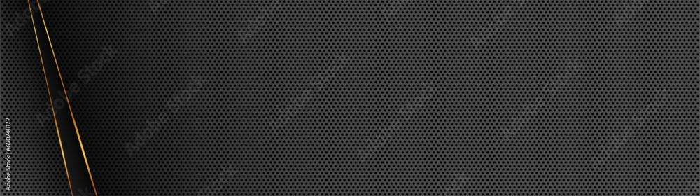 Dark chrome mesh holes with golden lines background. Geometric minimalistic and dark carbon stripes with minimal tracery design decorative vector ornament Dark chrome mesh holes with golden lines background. Geometric minimalistic and dark carbon stripes with minimal tracery design decorative vector ornament