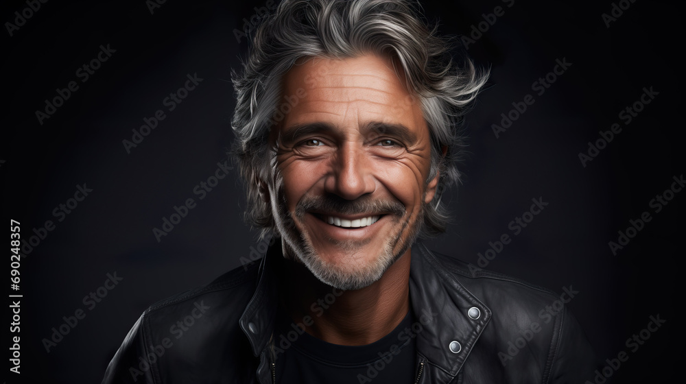Elderly fashion model with grey full hair, mature and happy smiling man in dark close-up portrait | Generative AI