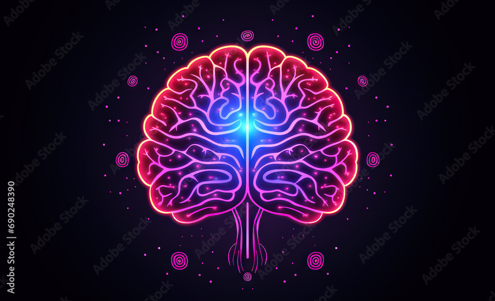 Brain sign in purple color. Neon line styled brain icon, symbol of science and intelligence - obrazy, fototapety, plakaty 
