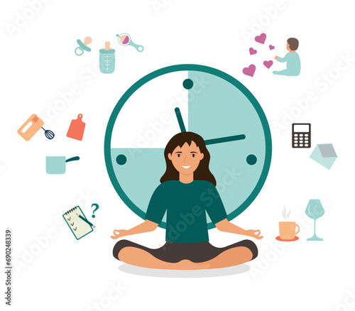 A young woman in the lotus position meditates near the clock and finds a balance between work, household chores, and family. Concept of break and stopping time. Vector illustration