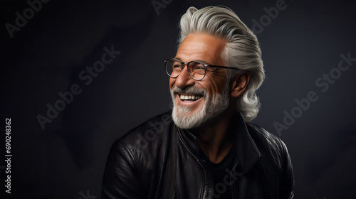 Elderly fashion model with grey full hair  mature and happy smiling man in dark close-up portrait   Generative AI