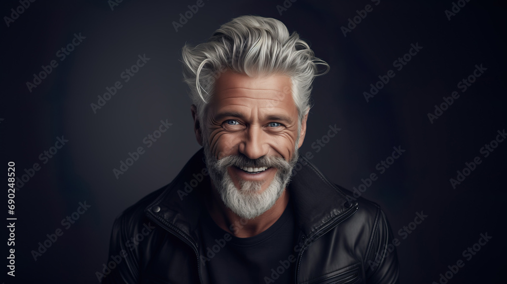 Elderly fashion model with grey full hair, mature and happy smiling man in dark close-up portrait | Generative AI