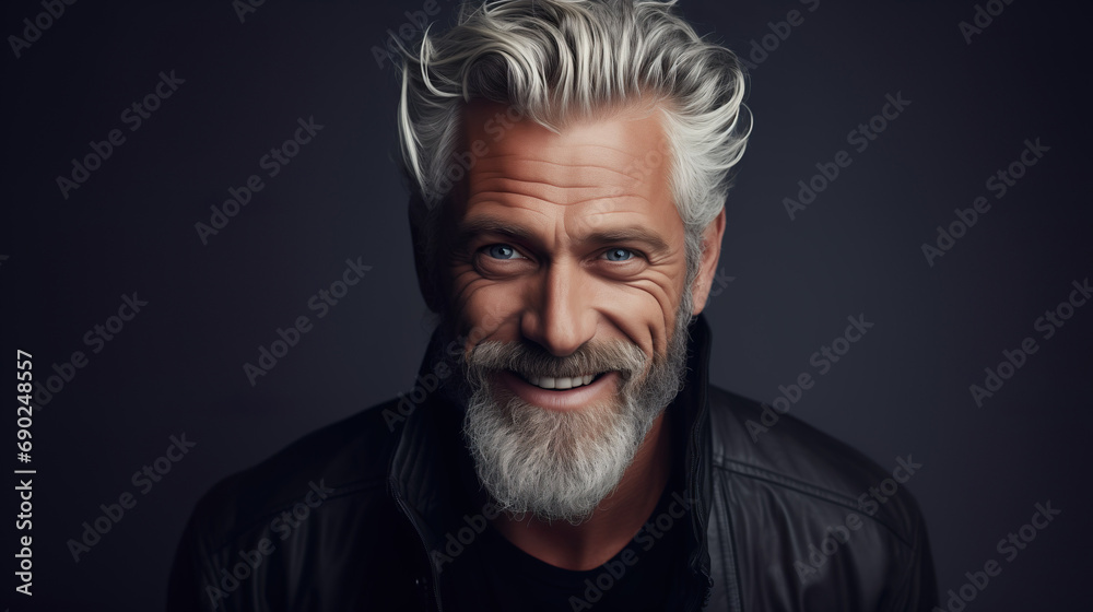 Elderly fashion model with grey full hair, mature and happy smiling man in dark close-up portrait
