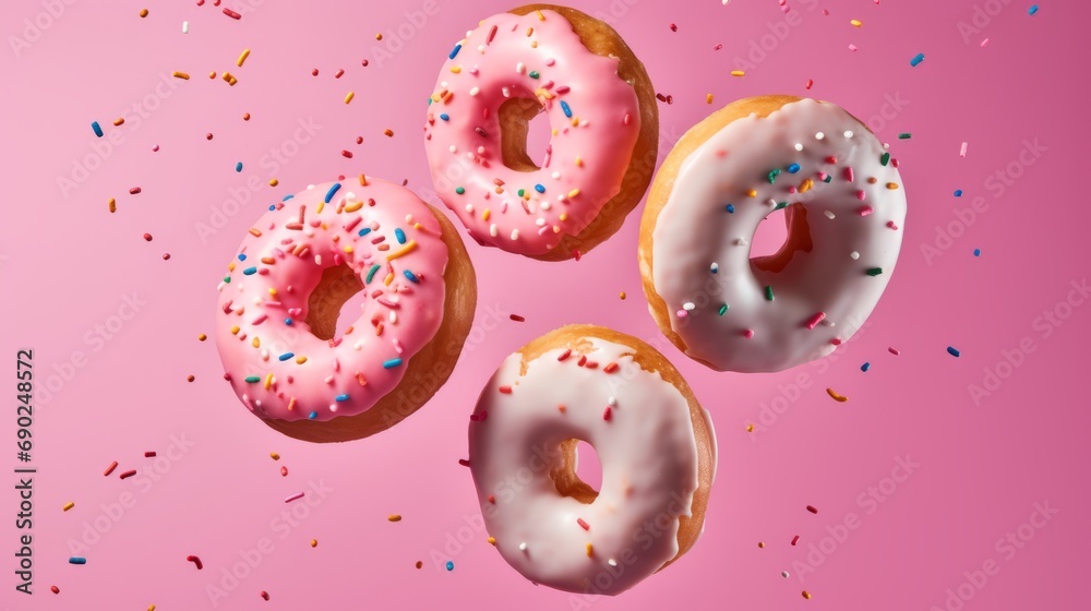 Various donuts flying in the air. Dessert donuts with glaze on pink background