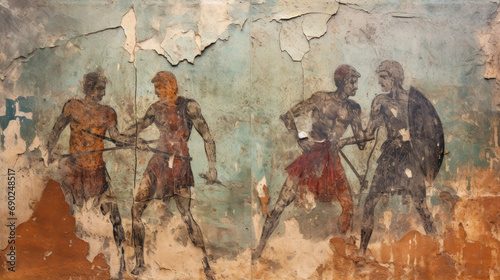 Ancient Greek or Roman warriors, fighting gladiators in old cracked wall fresco. Vintage painting with fighters. Theme of art, Greece, Rome, Sparta, history, war