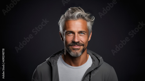 Elderly fashion model with grey full hair, mature and happy smiling man in dark close-up portrait | Generative AI