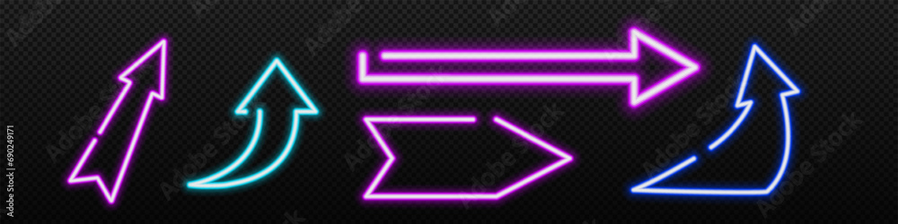 Neon arrows pointers set. Geometric curves with electric glow for bar and casino advertising with vector direction