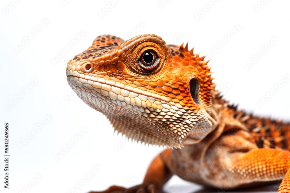 Close up of a bearded dragon, Pogona vitticeps, on white background. a species of lizard from the agamaceae family isolated on a light background