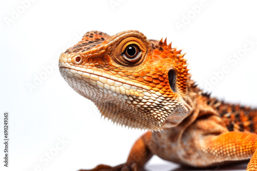 Close up of a bearded dragon  Pogona vitticeps  on white background. a species of lizard from the agamaceae family isolated on a light background