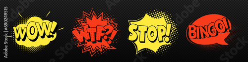 Comic phrases emotions wow wtf stop bingo . Red and yellow speech bubbles with elements of admiration and surprise in communication and dialogue in retro vector explosion form