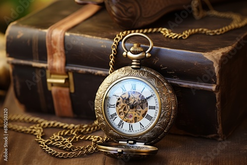 Round antique gold pocket watch with an open lid next to an ancient suitcase, valise. passing time. Collecting antiques