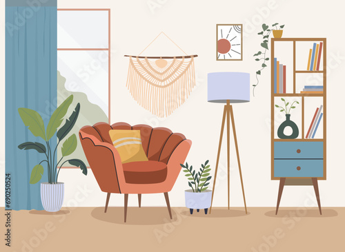 Living room interior. Trendy scandinavian hygge living room interiors. Vector flat cartoon illustration