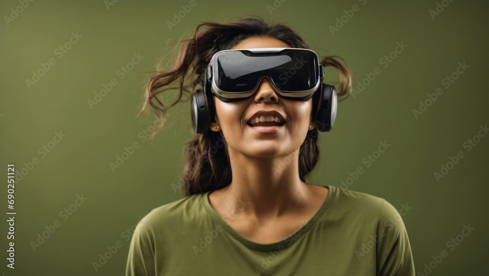 Excited emotion woman wear a Virtual reality 3D glasses on solid bright olive color isolated background