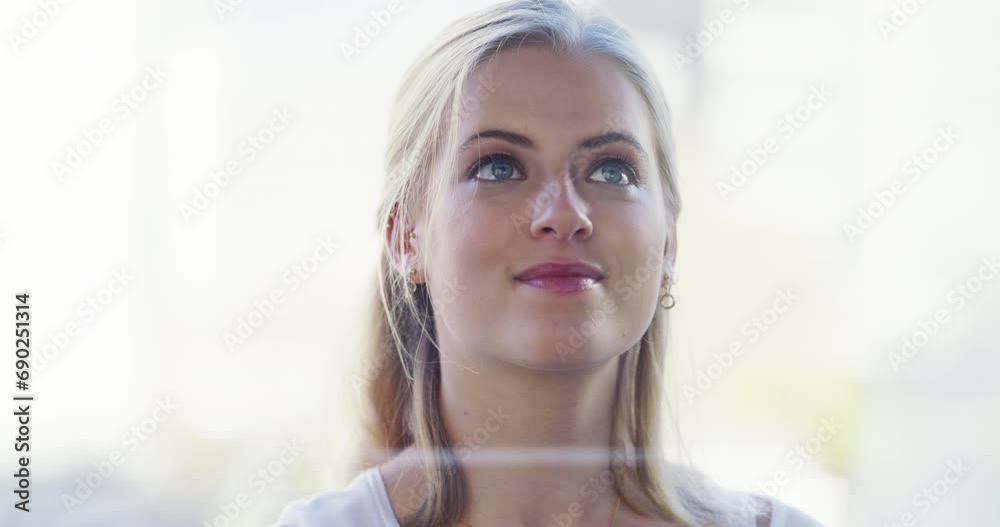Woman, window and cleaning with a wiper and spray for hygiene, shine and clear vision in home. Face of a young female person with a squeegee, gloves and detergent product for housework or glass Woman, window and cleaning with a wiper and spray for hygiene, shine and clear vision in home. Face of a young female person with a squeegee, gloves and detergent product for housework or glass
