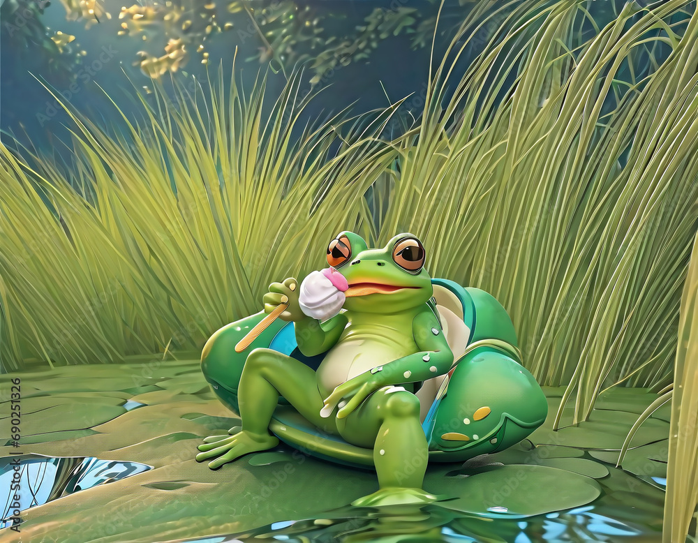 Fototapeta premium Little cute frog in sunglasses shorts and shirt eats ice cream while resting on lake in forest