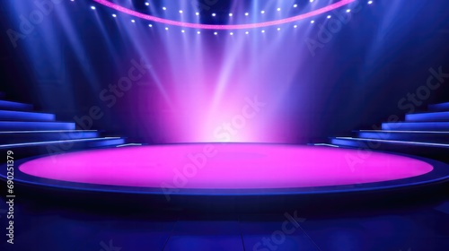 The dark stage shows empty dark blue purple pink 