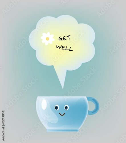 Get well soon card with cup of hot herbal chamomile tea. Cartoon kawaii character tea cup 3d vector illustration