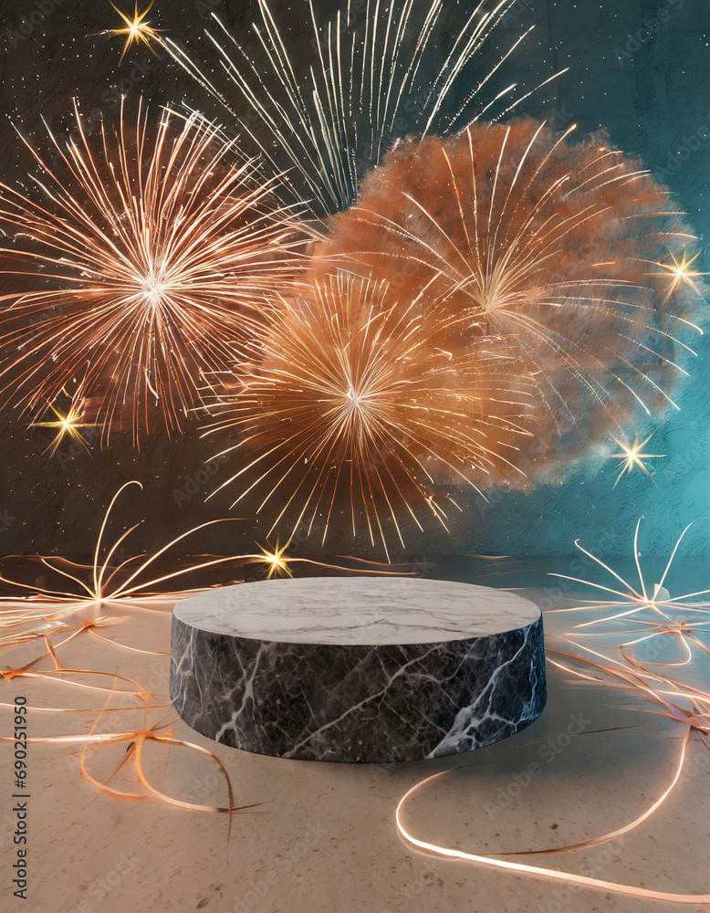 product podium with a New Year theme with a fireworks background Stock